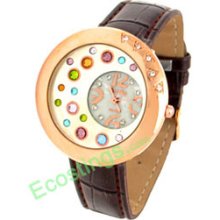 Good Jewelry Ladies Wrist Watches Round Colourful Quartz Watchcase Brown Strap