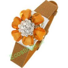 Good Orange Flower Watch Case Brown Faux Leather Watchband Ladies' Wrist Watch