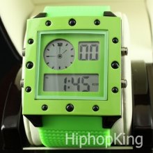 Green Analog / Digital Watch Day Time Date Display Stainless Steel Back Deal