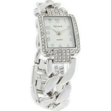Gruen II Quartz Ladies Crystal Cuban Link Silver Tone Bracelet Watch GRT909