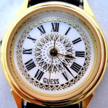 Guess Classic Gold Tone Roman Numbers Womens Ladies Watch Vintage Leather Band
