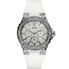 Guess Lady U12653l1 White Silicone Strap Round White 3subdial Crystal Bezel