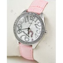 Guess Quiz ? Ss Silver Swarovski Logo Lady Watch Pink Leather Strap G75961l