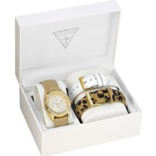 Guess Watches Women's White Dial Gold Leather Gold Leather/White Dial