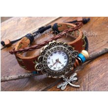 Handmade Wrist Watches, Vintage dragonfly,Quartz Wristwatch,Vintage Ladies Girls Womens Mens Leather Bangle Beaded Bracelet