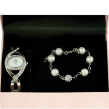 Henley Ladies Diamante Matching Pearl Bracelet Women's Quartz Watch With Mother Of Pearl Dial Analogue Display And Silver Stainless Steel Plated Bracelet H1352.1