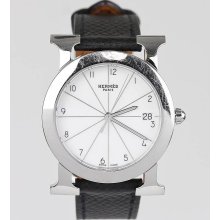 Hermes Black Leather and Stainless Steel Heure H Ronde MM Quartz Watch