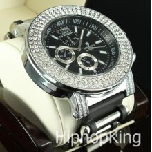 Hip Hop Bling Watch 3 Row Iced Out Round Analog Dial Silicone Bullet Band