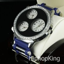Hip Hop Fully Iced Out Bling Watch Black / Blue Analog Circle Face Rapper Style