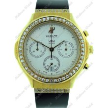 Hublot Mdm Quartz Yellow Gold Diamond Black Rubber Strap Chronograph Swiss Watch