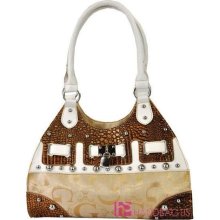 Jacquard Signature Padlock Alligator Trim Studded Shoulder Hobo Bag White