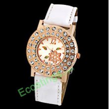 Jewelry Golden Round Cap Rhinestone Leather Band Ladies' Watch