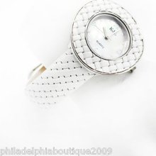 Kenneth Jay Lane Basketweave White Strap Mother Of Pearl Dial Watch