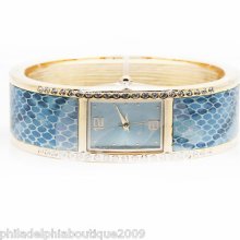 Kenneth Jay Lane Kjl Blue Leather Snake Print Cuff Fashion Watch