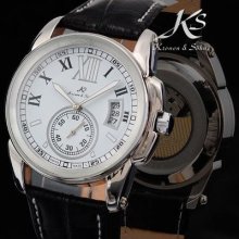 Ks Automatic Mechanical White Dial Date Black Leather Men Sport Wrist Watch