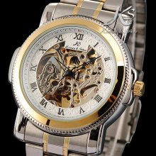 Ks Men's Luxury Golden Case Automatic Mechanical Skeleton Dial Military Watch