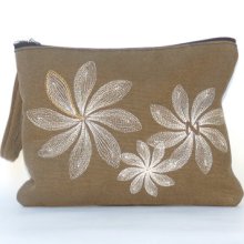 LA wristlet / iPad Mini case - cotton canvas in Khaki with Retro Swirl embroidery
