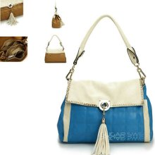 Ladies Blue Quilted Leather Style Designer Inspired Tassle Shoulder Bag Handbag