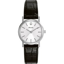 Ladies Dress Bulova Quartz Leather Strap Silver Dial Watch 96l104