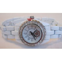 Ladies Geneva White Watch With White Metal Band & Gemstone Bezel