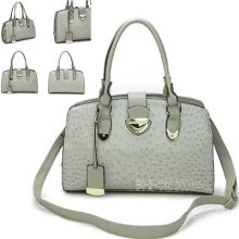 Ladies Grey Ostrich Style Clasp Animal Print Shoulder Bag Handbag Satchel