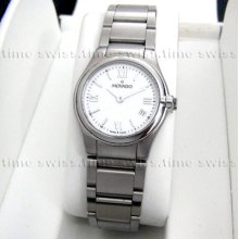 Ladies Movado Viro White Museum Dial W/ Date Stainless Steel Swiss Watch 0605694