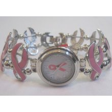 Ladies Pink Breast Cancer Awareness Bracelet Watch With Pink Ribbons