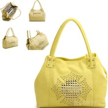 Ladies Yellow Leather Style Cross Studded Slouch Designer Shoulder Bag Handbag