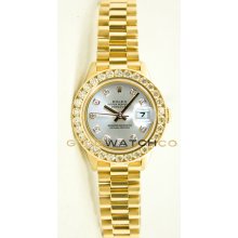Ladys 18K Yellow Gold President Model 69178 Custom Added Silver Diamond Dial & 2CT Diamond Bezel
