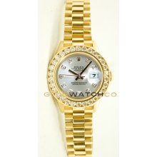 Ladys 18K Yellow Gold President Model 69178 Custom Added Silver Diamond Dial & 2CT Diamond Bezel