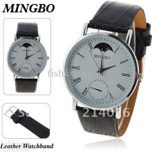 Leather Analog Watch With Silver Case Roman Numerals Hour Marks Whit