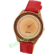 Leather Watchband Copper-colored Watch Case Round Ladies' Watch