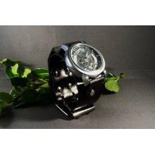 Leather Watchband Silver And Black Mechanical Style