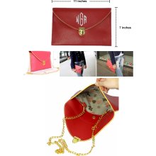 Leatherette Envelope Clutch Purse Embroidery Blank With Detachable Gold Shoulder Chain - RED