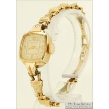 LeCoultre 17J vintage ladies' wrist watch, attractive 14k gold smooth polish square case, matching 14k gold bracelet band