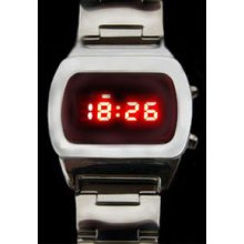 Led Watch 70s Style Chrome Ss Retro Mens James Bond Digital Gift Set