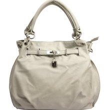 Light Grey Hobo Shoulder Satchel Purse Handbag With Pad Lock & Double Handles