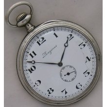 Longines Pocket Watch Open Face Silver Case 51 Mm. In Diameter Enamel Dial