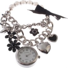 Louifrey Quartz Flowers & Hearts Pearl Look Ladies Bracelet Watch