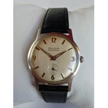 Lovely 1965 Bulova 17 Jewel Linen face mens vintage Swiss manual wind watch