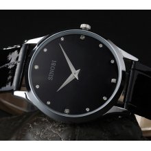 Luxury Black Leather Quartz Mens Wrist Watch Elegant Diamonds 2 Hands