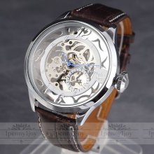Luxury Gentlemen Brown Leather Analog Skeleton Auto Mechanical Men's Wrist Watch