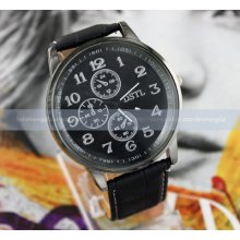 Luxury Large Dial Design Mens Black Leather Sports Quartz Wrist Watch Hours Gift