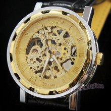 Luxury Mens Automatic Mechnacial Golden Skeleton Wrist Watch Black Strap