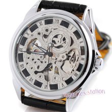 Luxury Silver Steel Hollow Skeleton Men Mechanical Wrist Watch Automatic Leather