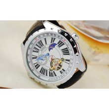 Luxury Tourbillon Army Mens Automatic Wrist Watches Real Leather Moonphase Hq