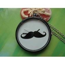 Medium Antique Bronze Filigree Painted black beards mustache Round Pocket Watch Locket Pendants Necklaces Free Ribbon