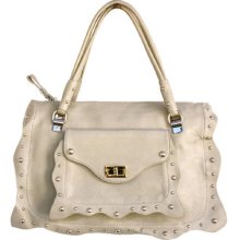 Medium Satchel With Front Turnlock Pocket Silver Studded Frill Wave Detail Beige