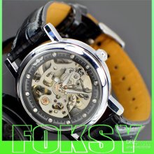 Men Black Gold Skeleton Mechanical Wrist Watch Leather Automatic Win