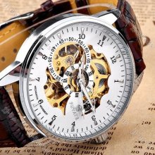 Men Brown Skeleton Automatic Mechanical Analog Leather Band Classic Wrist Watch